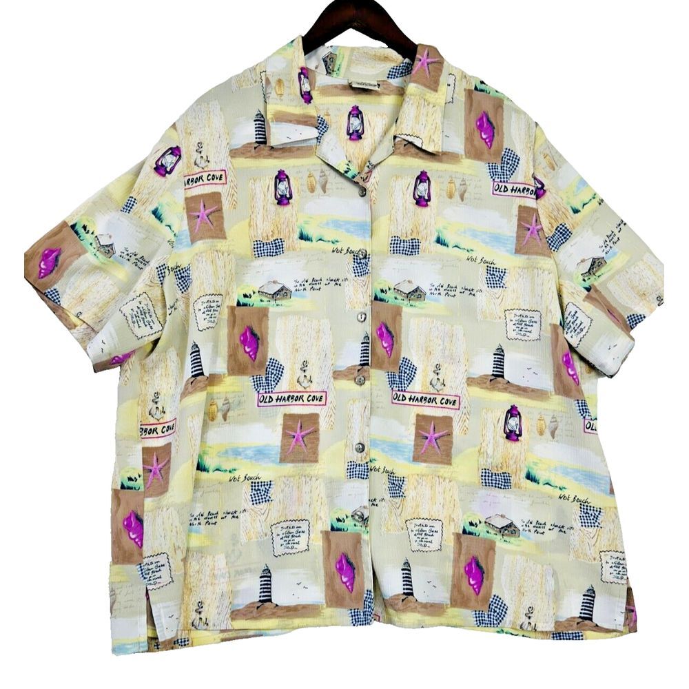 Women's‎ Beach Print Top 22W Short Sleeve Coastal Grandma Seashells Button Up